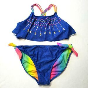 Nation Blue & Rainbow Crossed Braided Strap 2-pc Bikini Set Sz XL (14-16)